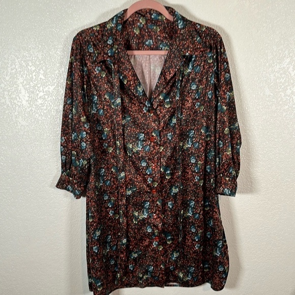 Vintage 70s-80s Floral Tunic Top Waist Tie Button Front Side Splits - Picture 1 of 7